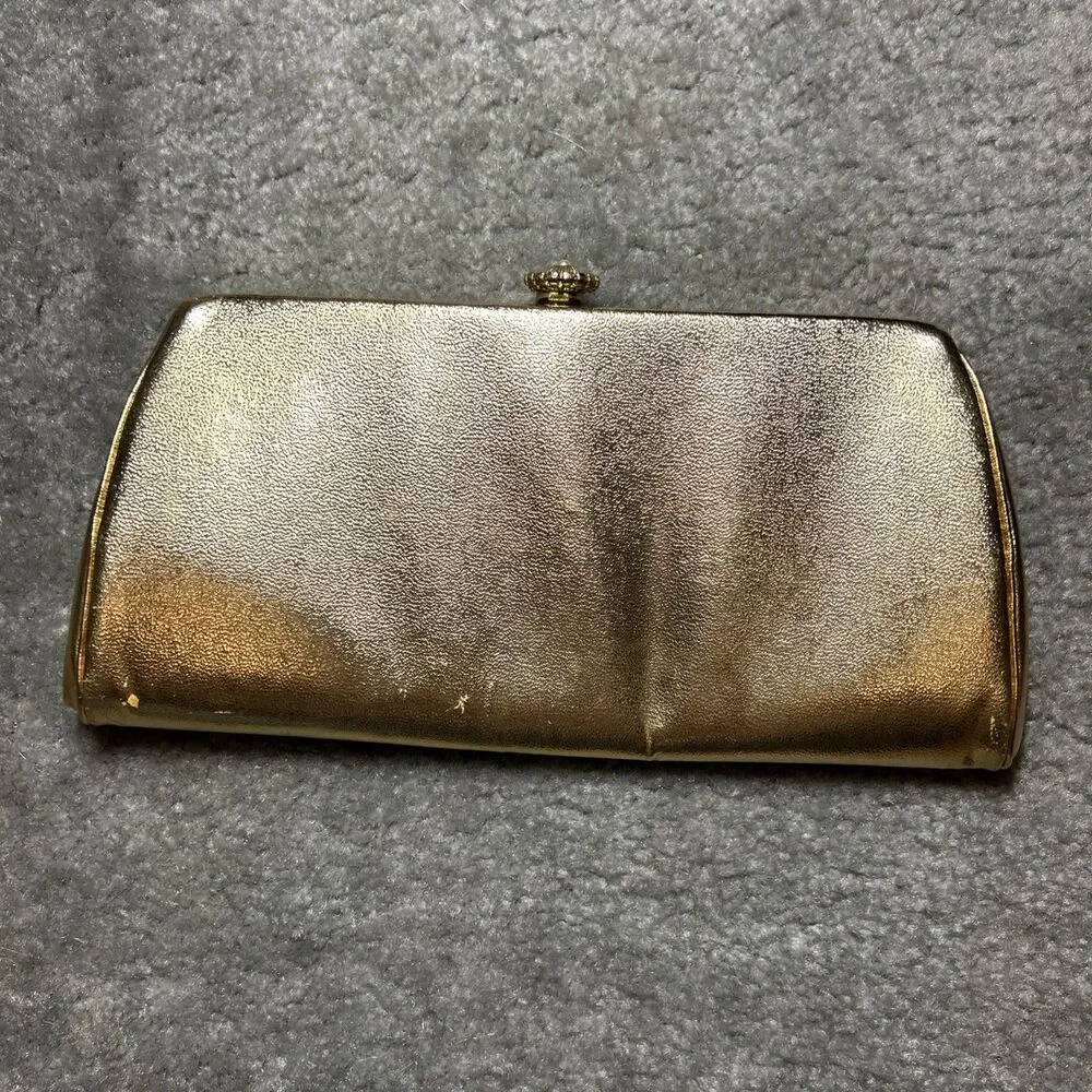 Vintage Gold Metallic Clutch Purse Evening Bag Chain Strap Satin Lined 50’s 60’s - Picture 15 of 16